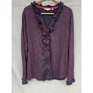 Boden Ruffle US 14/UK 18 Frill Buttoned Top Stretch Polka Dot Blouse Shirt Navy